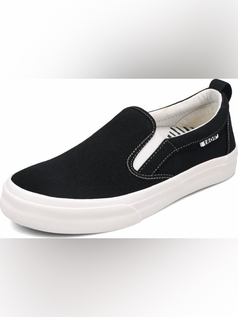 Taos Footwear Women's Rubber Soul slip-on sneakers black white canvas. Sz 7.5